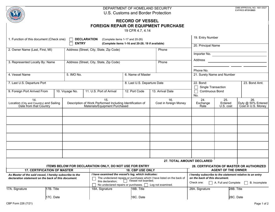 CBP Form 226 Record of Vessel - Foreign Repair or Equipment Purchase, Page 1