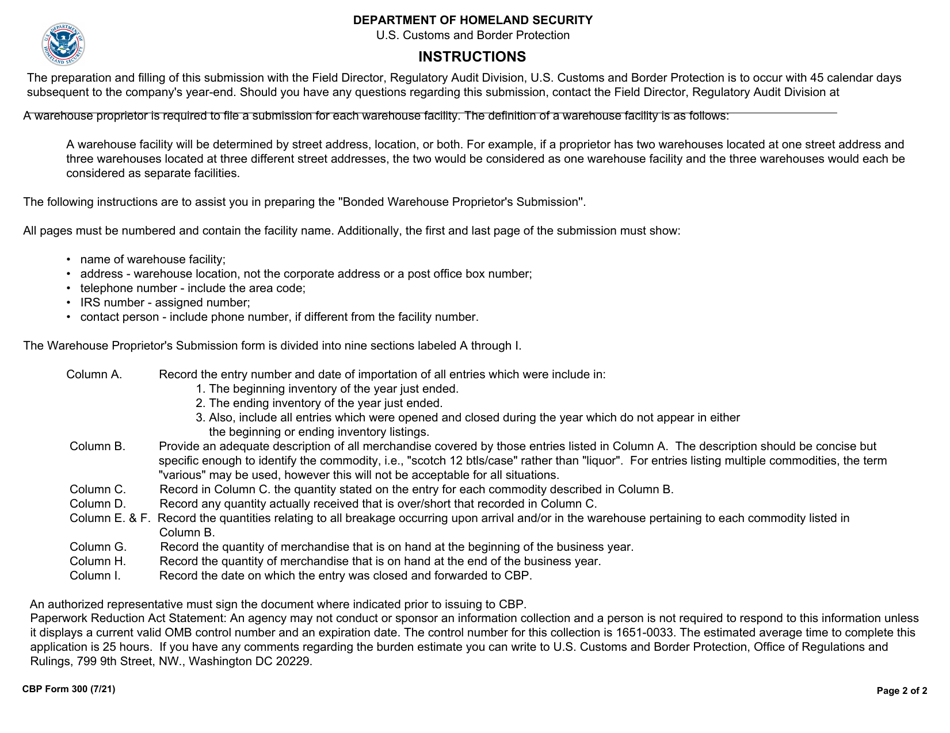 CBP Form 300 Bonded Warehouse Proprietors Submission, Page 2