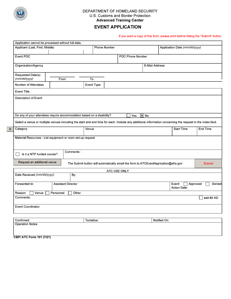 CBP / ATC Form 101 Atc Event Application, Page 1