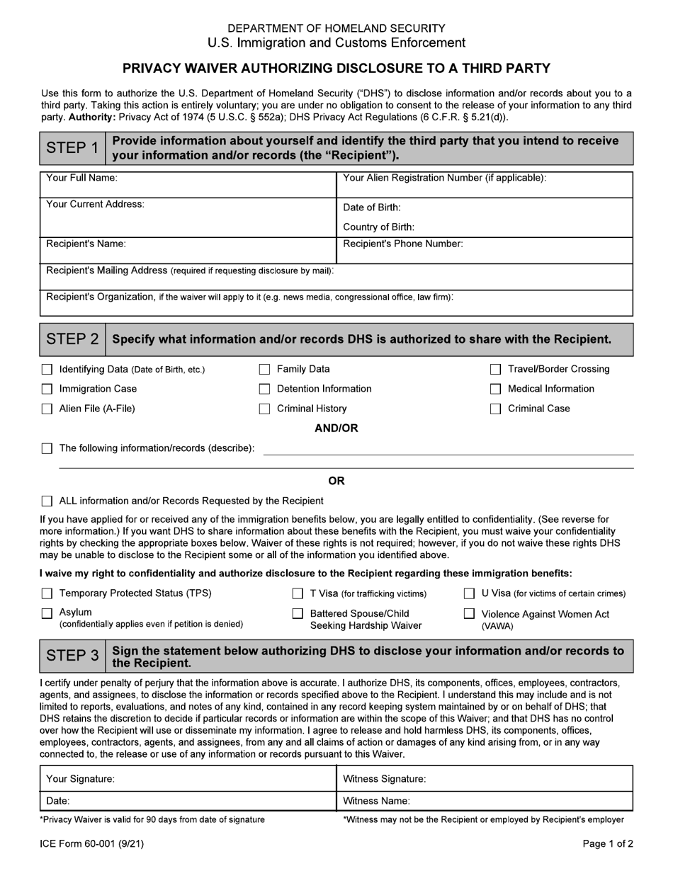 ICE Form 60-001 Privacy Waiver Authorizing Disclosure to a Third Party, Page 1