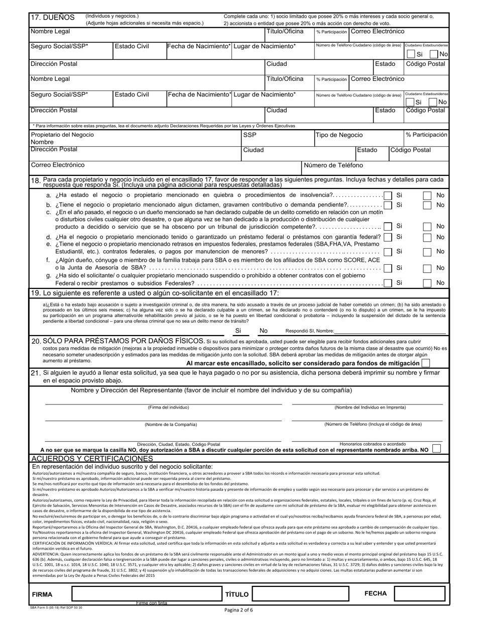 SBA Formulario 5 Solicitud De Prestamo Para Negocio Por Desastre (Spanish), Page 2