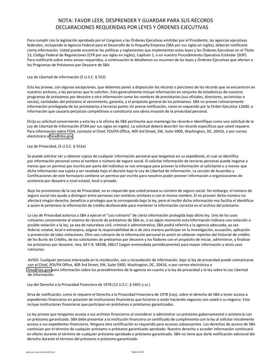 SBA Formulario 5 Solicitud De Prestamo Para Negocio Por Desastre (Spanish), Page 5
