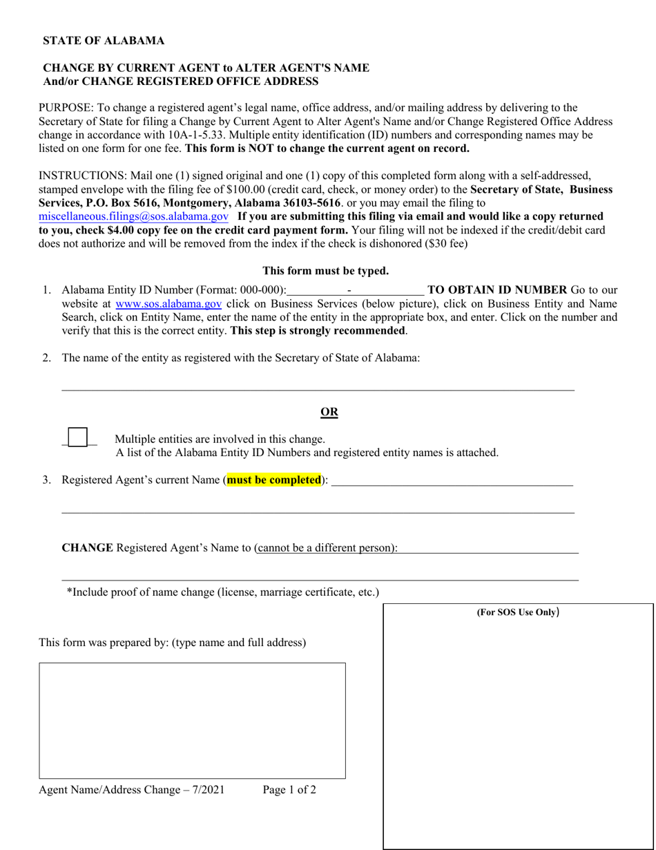Change by Current Agent to Alter Agents Name and / or Change Registered Office Address - Alabama, Page 1
