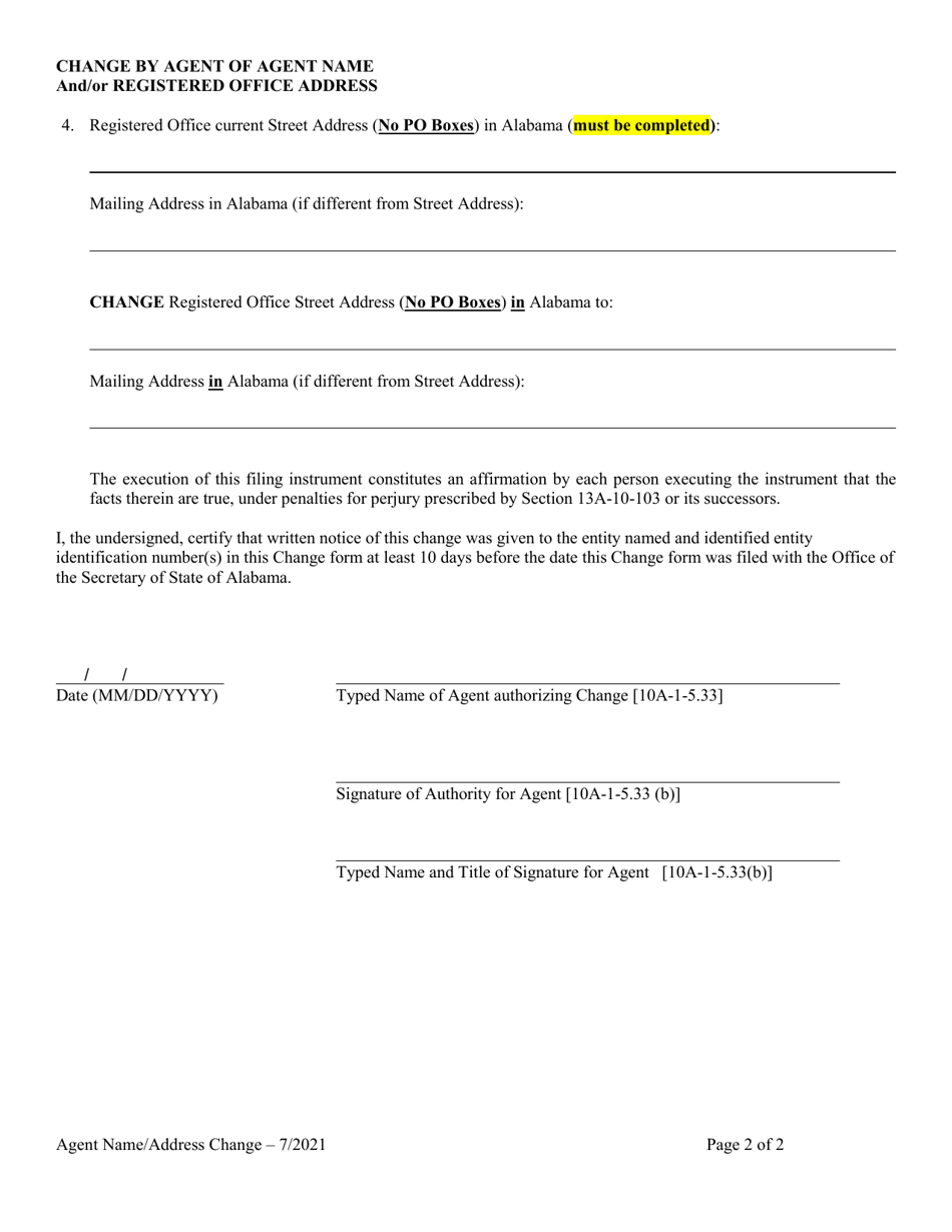 Change by Current Agent to Alter Agents Name and / or Change Registered Office Address - Alabama, Page 2