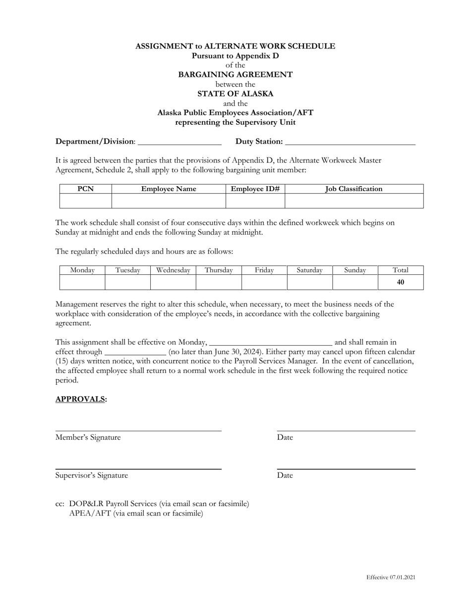Assignment to Alternate Work Schedule Pursuant to Appendix D of the Bargaining Agreement Between the State of Alaska and the Alaska Public Employees Association / Aft Representing the Supervisory Unit - Alaska, Page 1