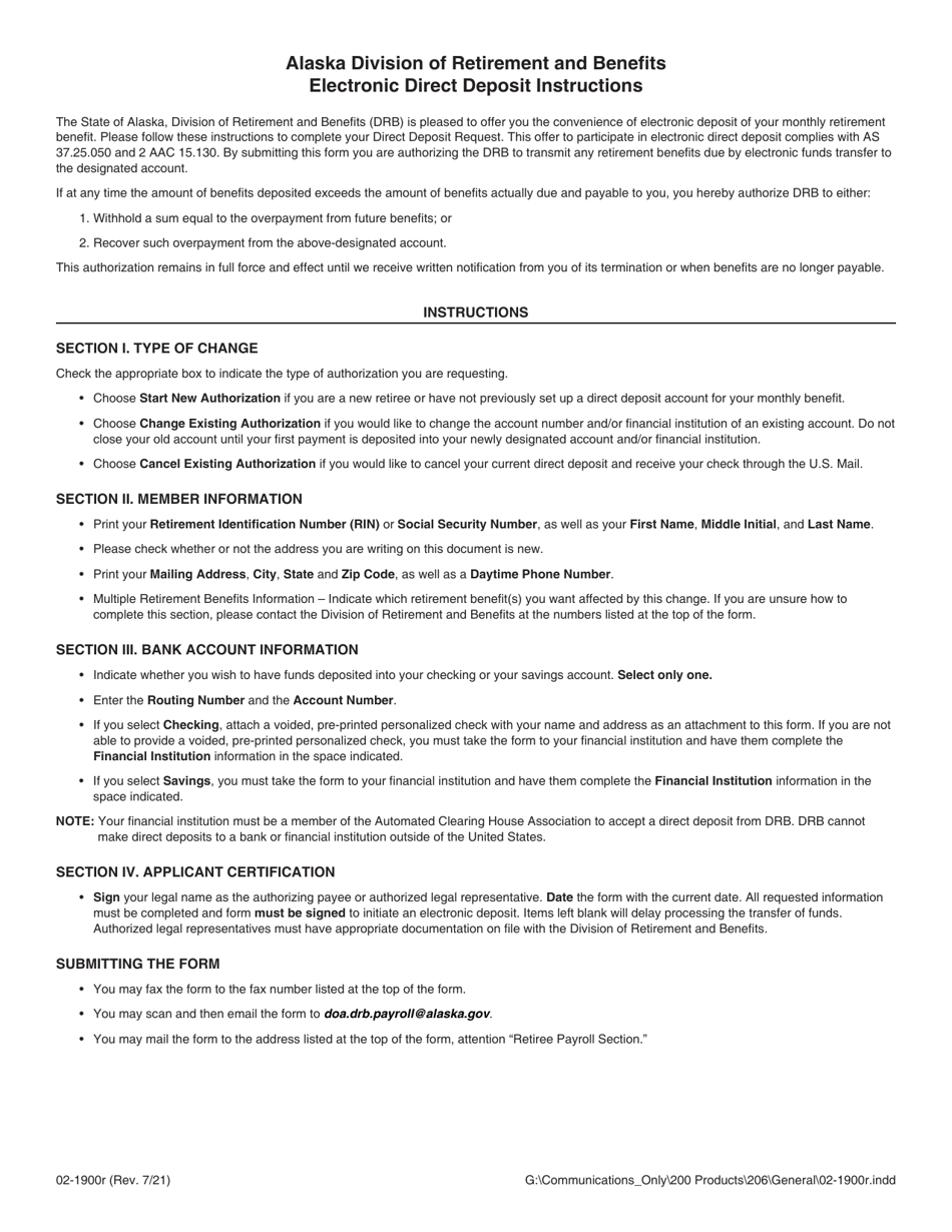 Form 02-1900R Electronic Direct Deposit Authorization for Retirees - Alaska, Page 2
