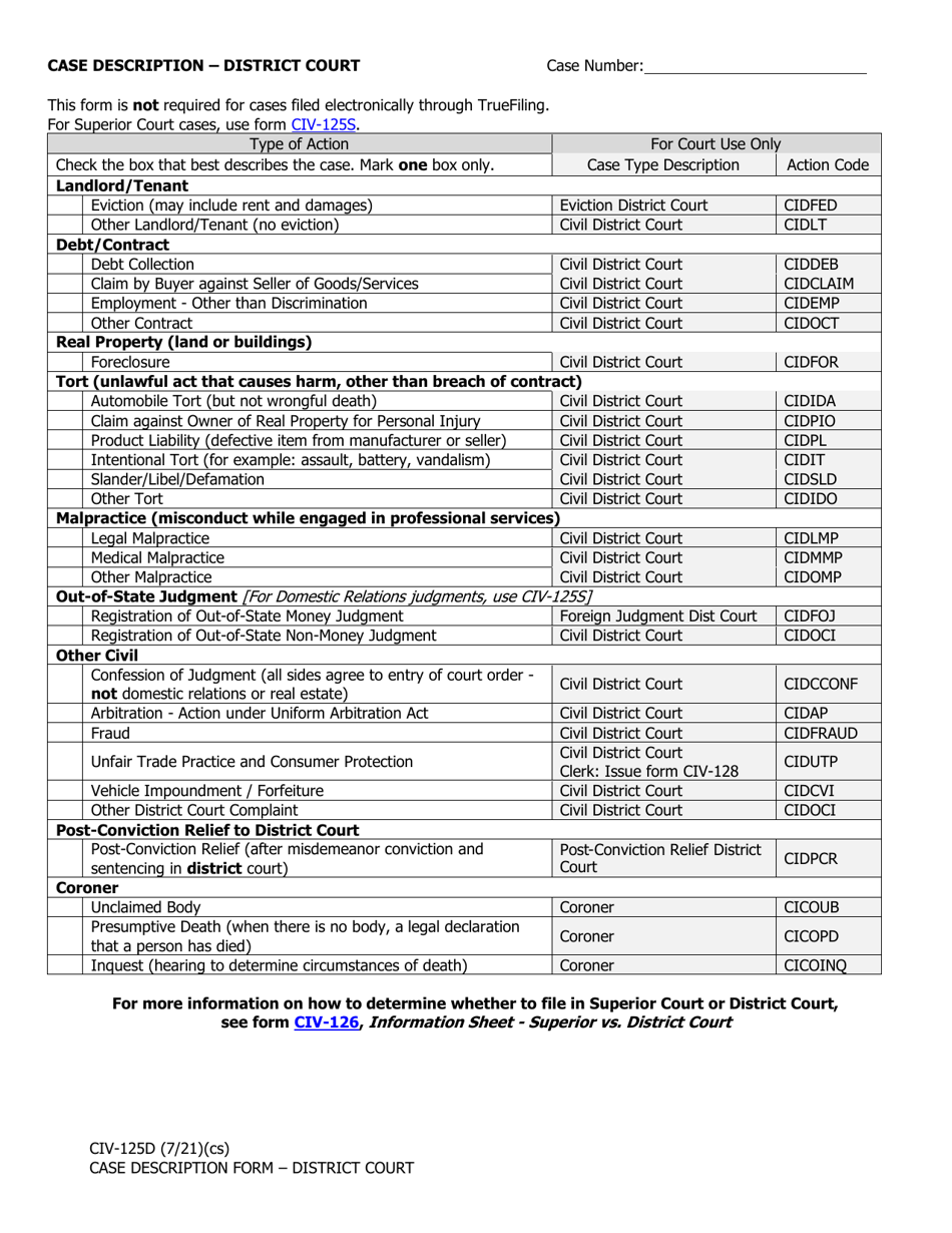 Form CIV-125D Download Fillable PDF or Fill Online Case Description ...