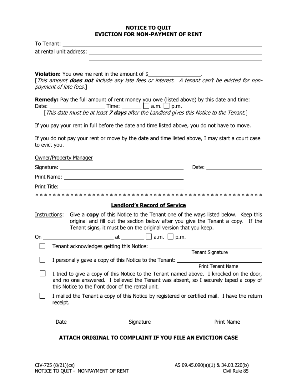 Form CIV-725 Notice to Quit Eviction for Non-payment of Rent - Alaska, Page 1