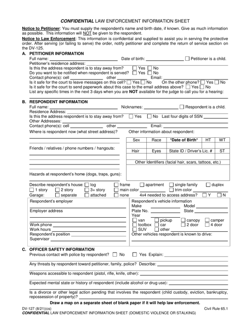 Form DV-127 Confidential Law Enforcement Information Sheet - Alaska