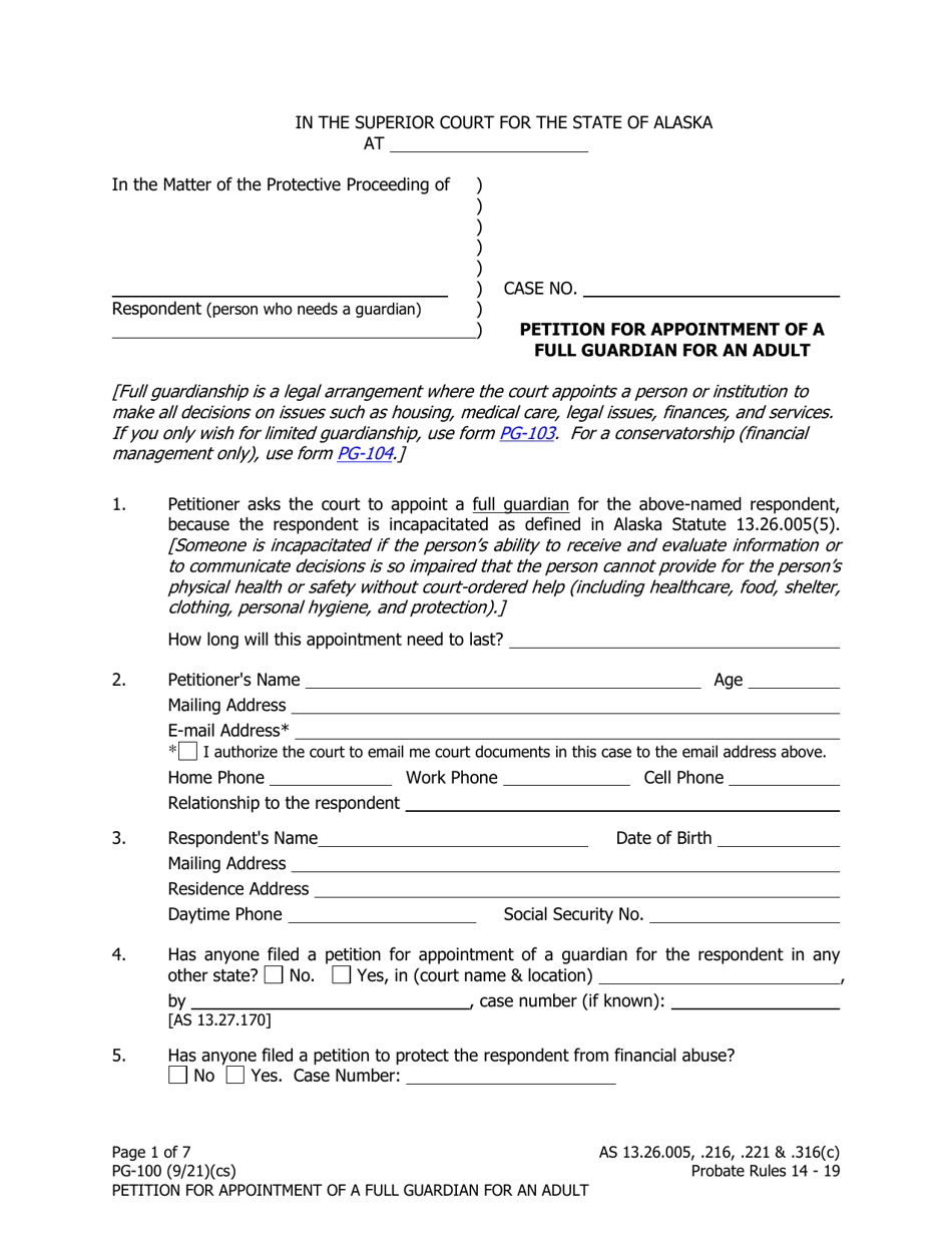 Form PG-100 Petition for Appointment of a Full Guardian for an Adult - Alaska, Page 1