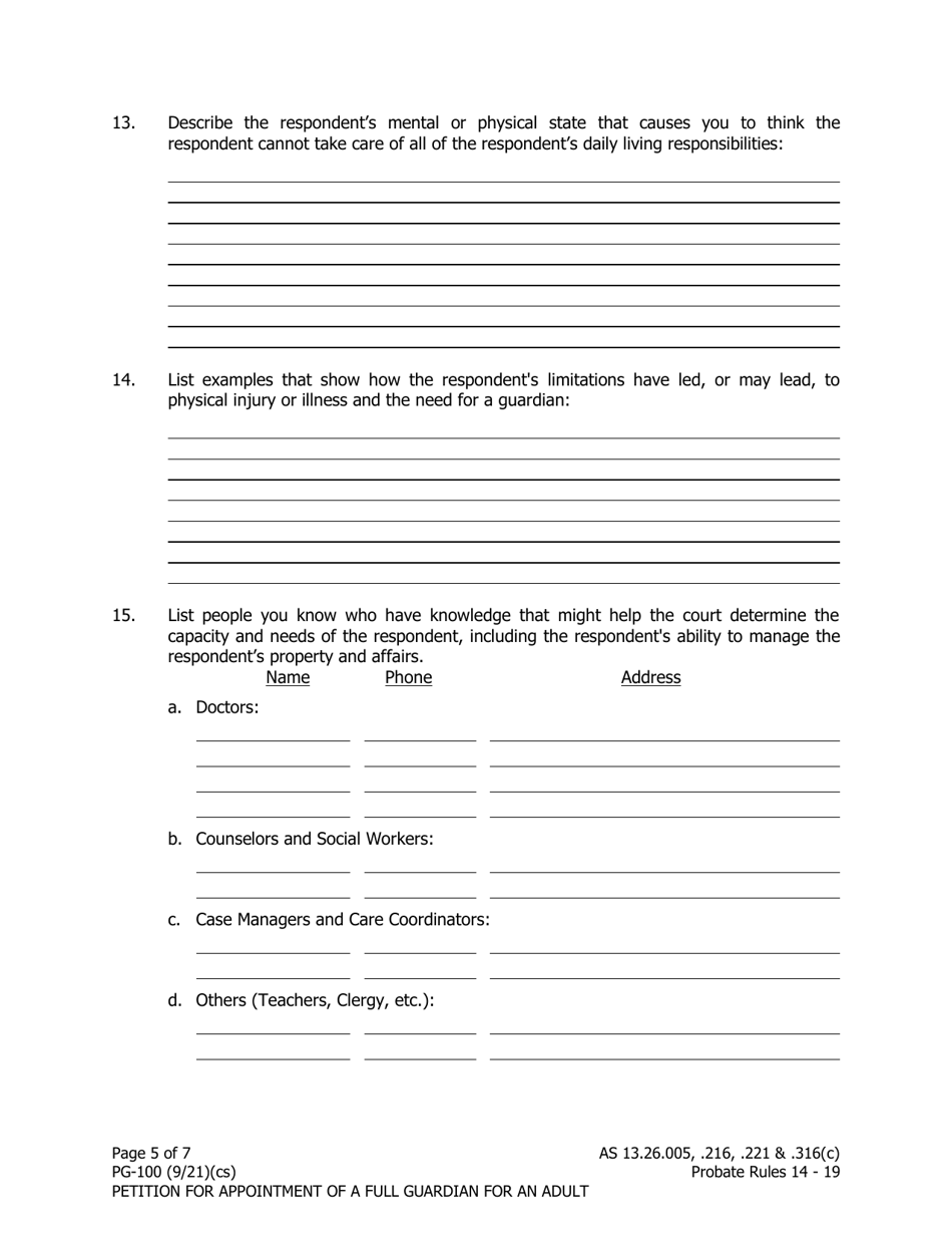 Form PG-100 Petition for Appointment of a Full Guardian for an Adult - Alaska, Page 5