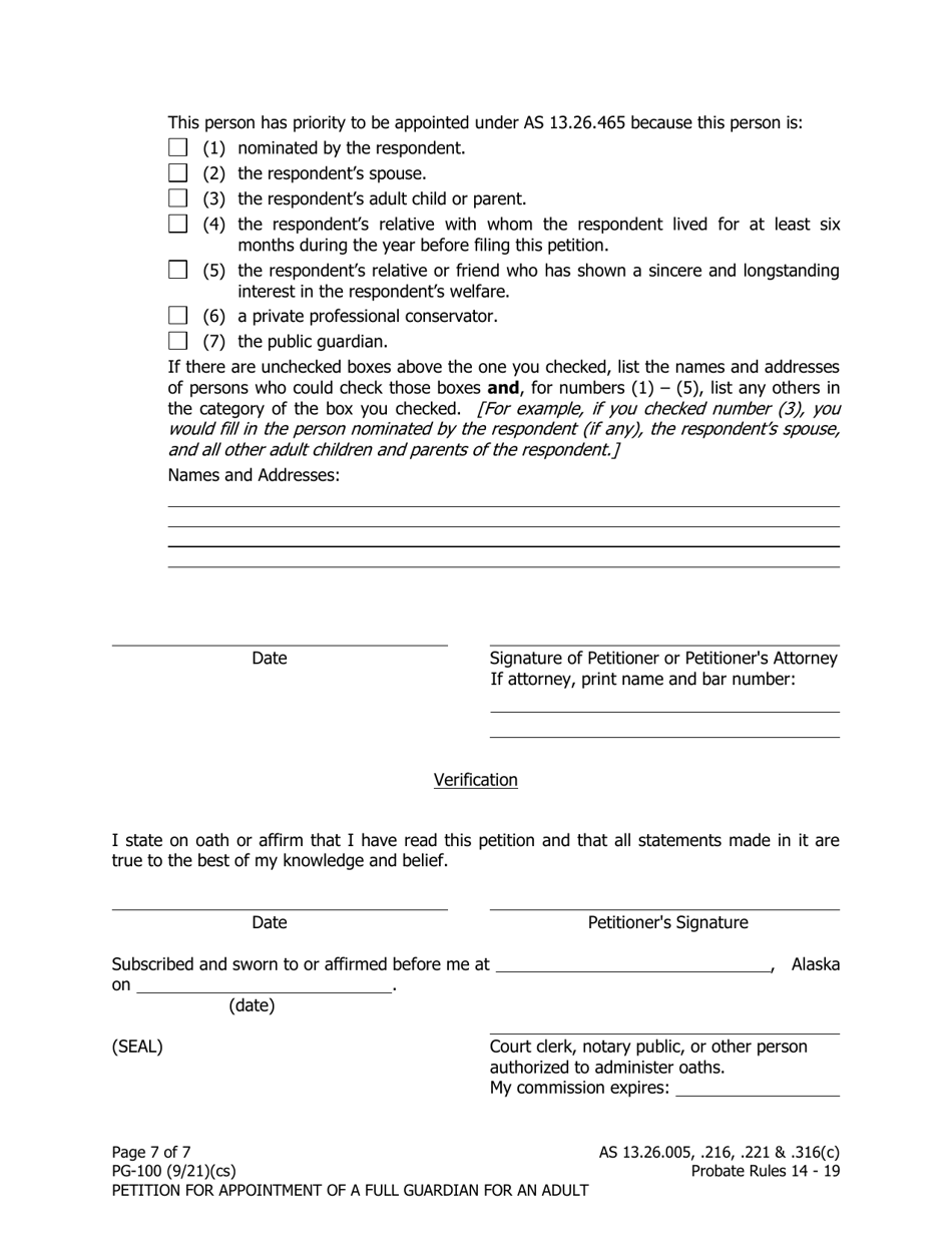 Form PG-100 Petition for Appointment of a Full Guardian for an Adult - Alaska, Page 7