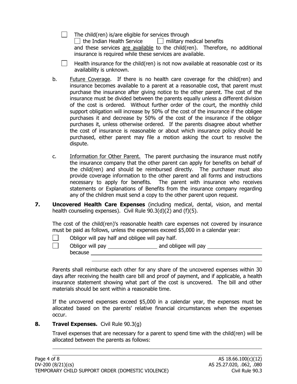 Form DV-200 Temporary Child Support Order Domestic Violence - Alaska, Page 4