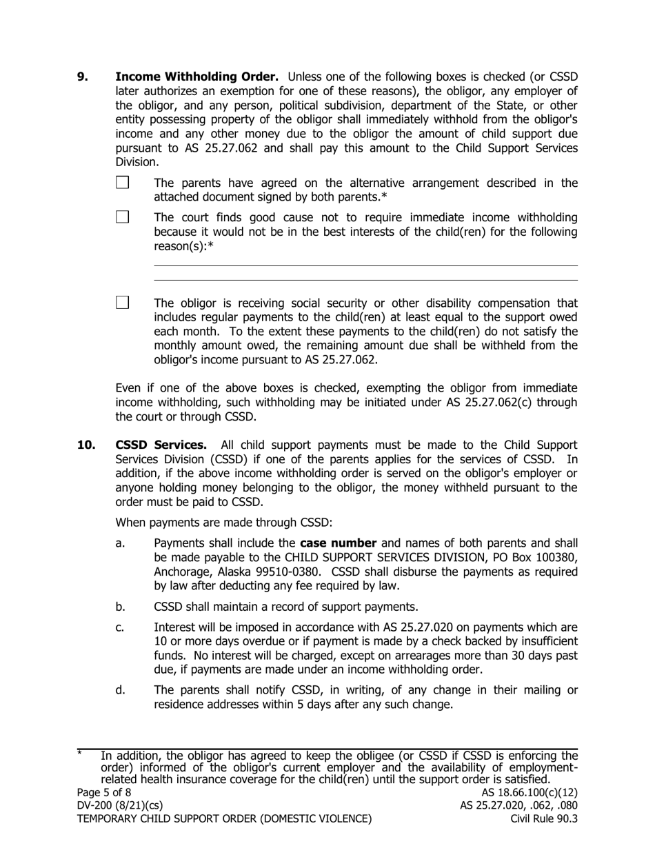 Form DV-200 Temporary Child Support Order Domestic Violence - Alaska, Page 5
