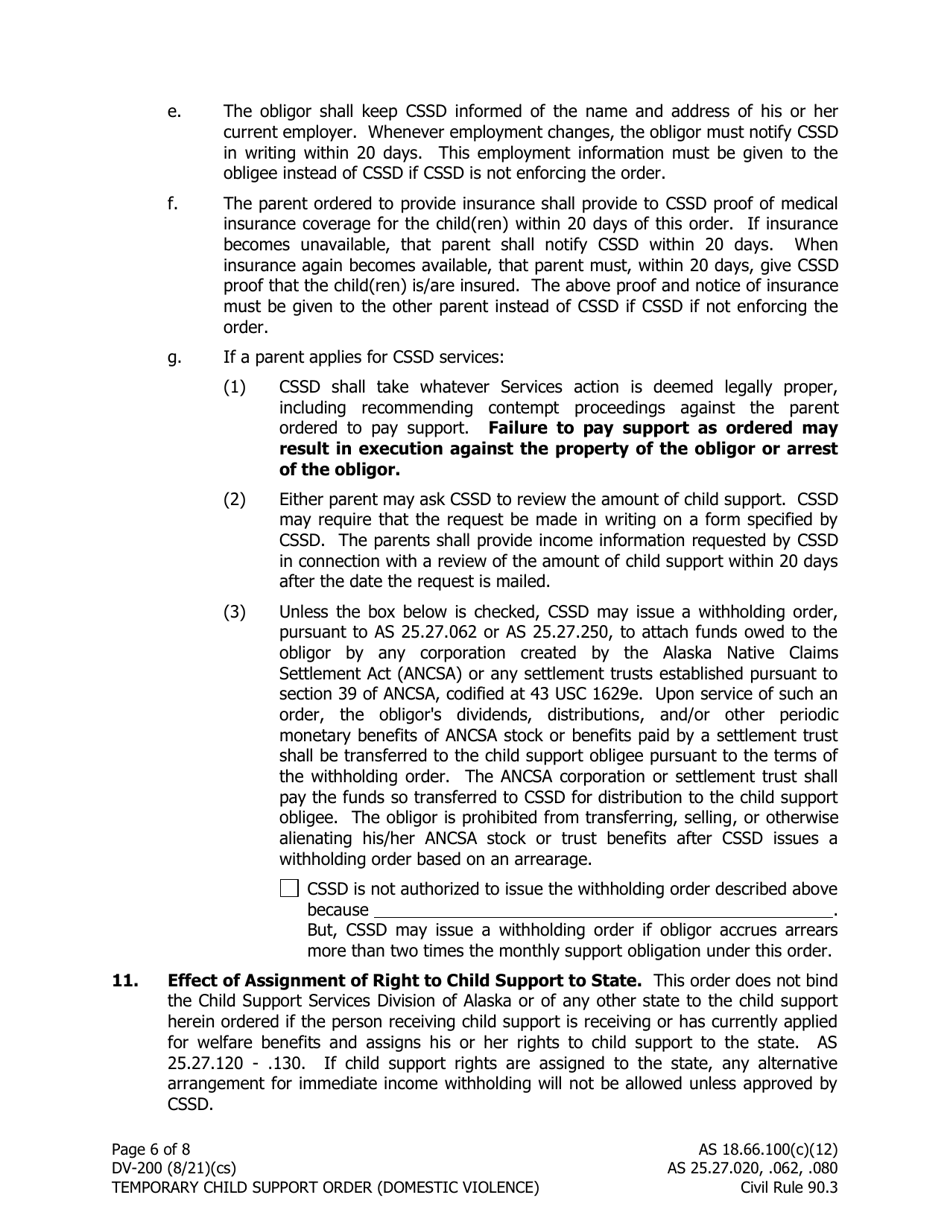 Form DV-200 Temporary Child Support Order Domestic Violence - Alaska, Page 6