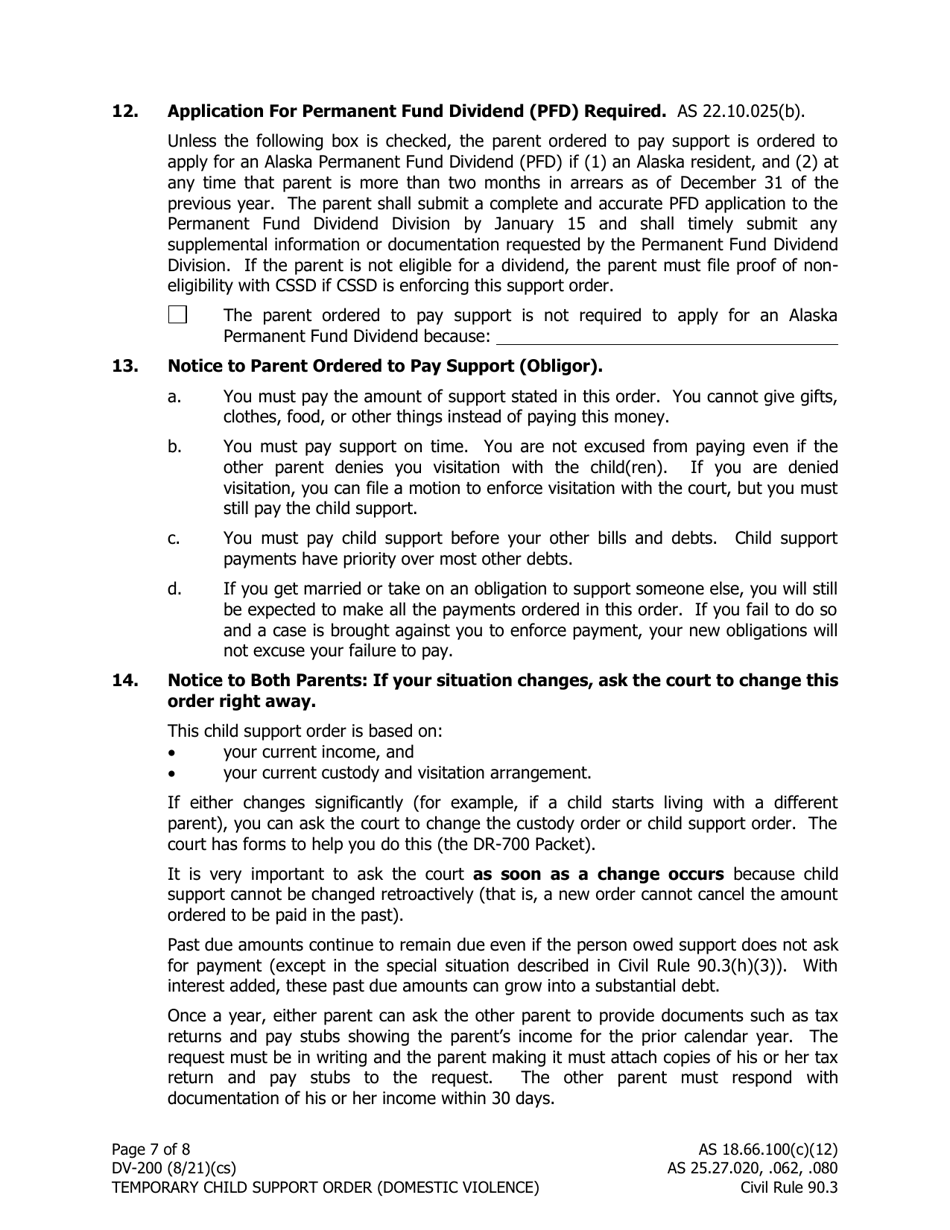 Form DV-200 Temporary Child Support Order Domestic Violence - Alaska, Page 7