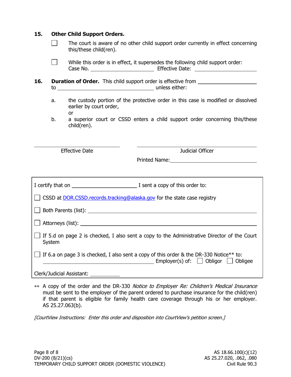 Form DV-200 Temporary Child Support Order Domestic Violence - Alaska, Page 8