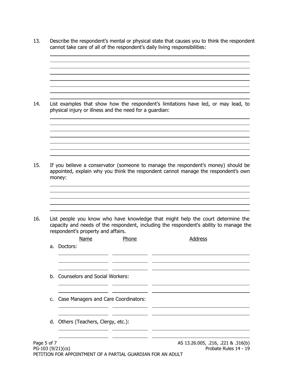 Form PG-103 Petition for Appointment of a Partial Guardian for an Adult - Alaska, Page 5
