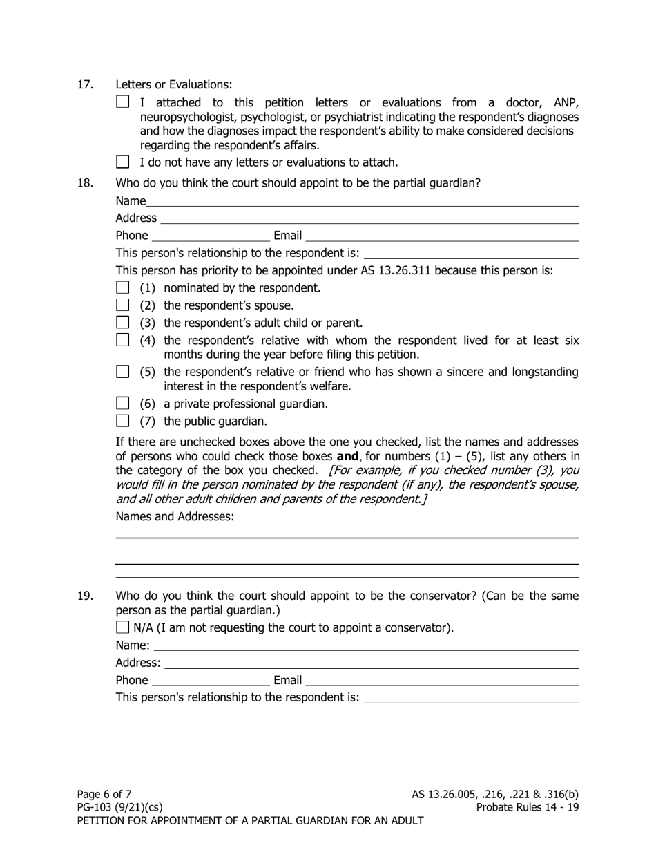 Form PG-103 Petition for Appointment of a Partial Guardian for an Adult - Alaska, Page 6