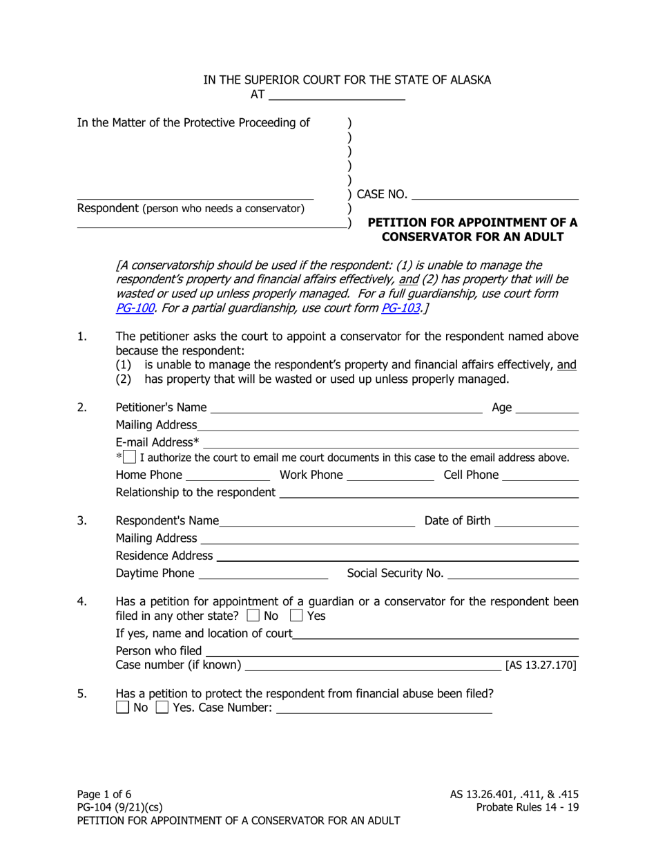 Form PG-104 Petition for Appointment of a Conservator for an Adult - Alaska, Page 1