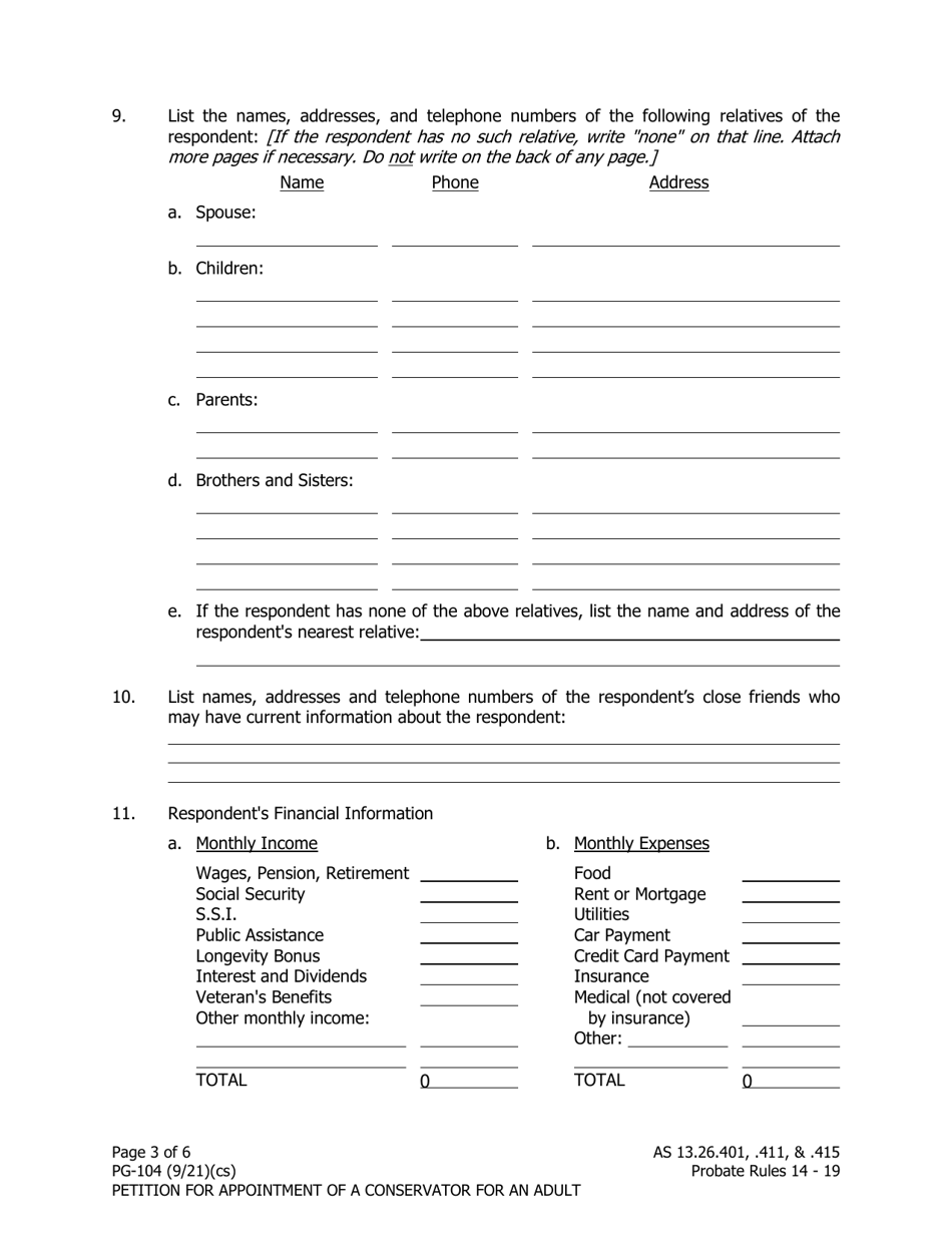 Form PG-104 Petition for Appointment of a Conservator for an Adult - Alaska, Page 3