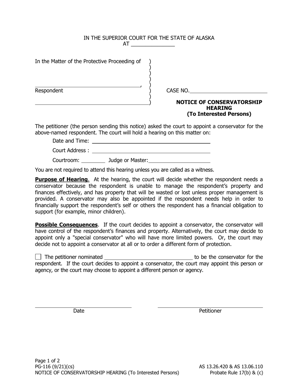 Form PG-116 Notice of Conservatorship Hearing (To Interested Persons) - Alaska, Page 1