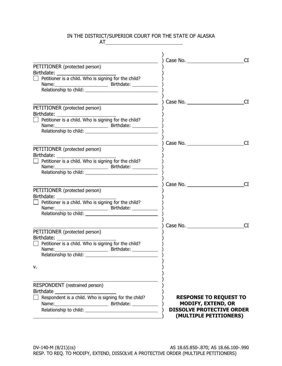 Form DV-140-M Response to Request to Modify, Extend, or Dissolve Protective Order (Multiple Petitioners) - Alaska, Page 1