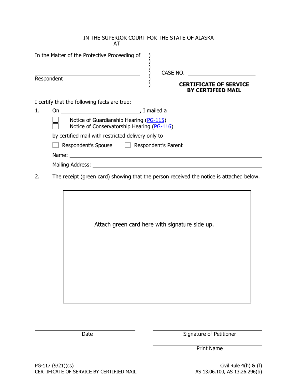 Form PG-117 Certificate of Service by Certified Mail - Alaska, Page 1