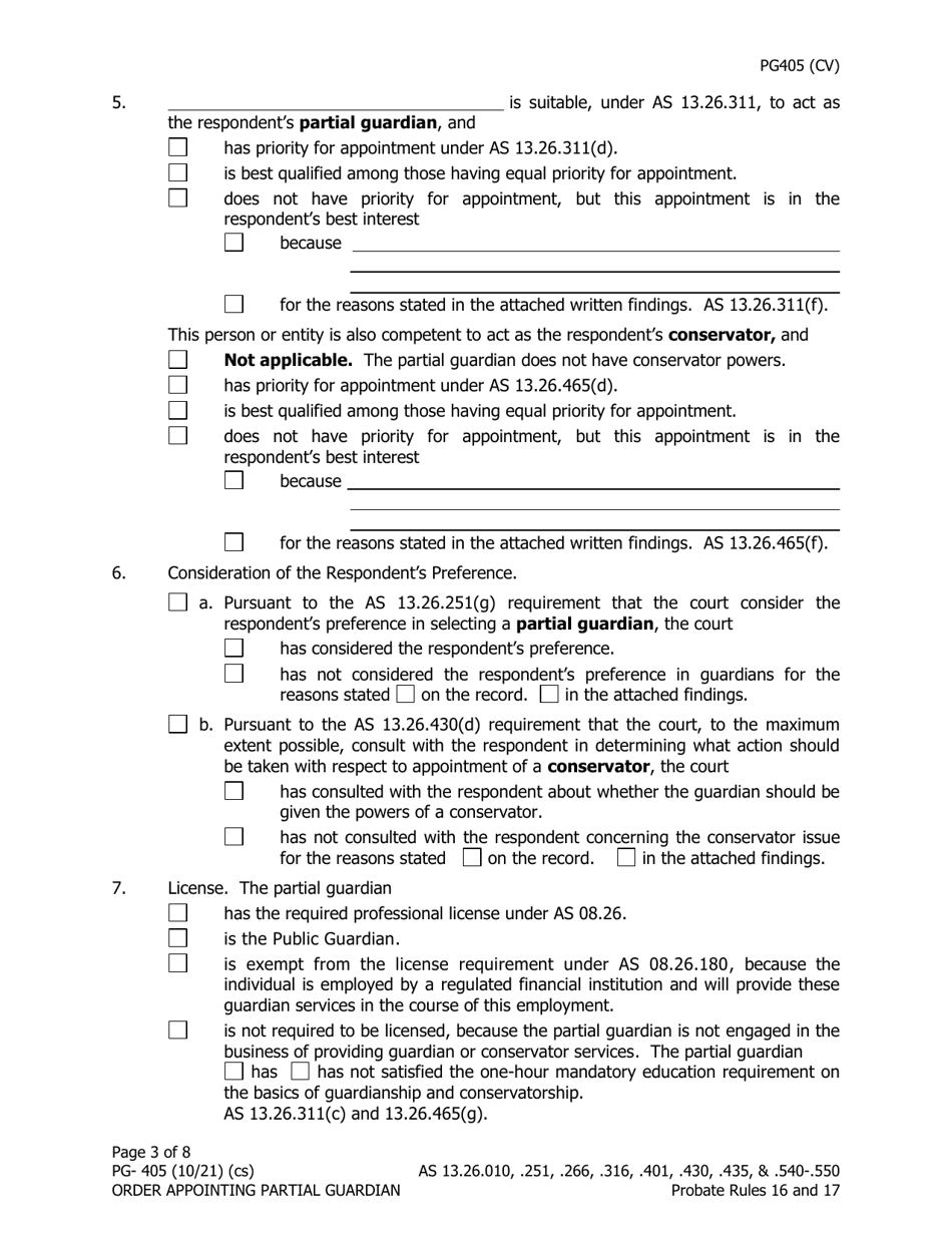 Form PG-405 Order Appointing Partial Guardian - Alaska, Page 3