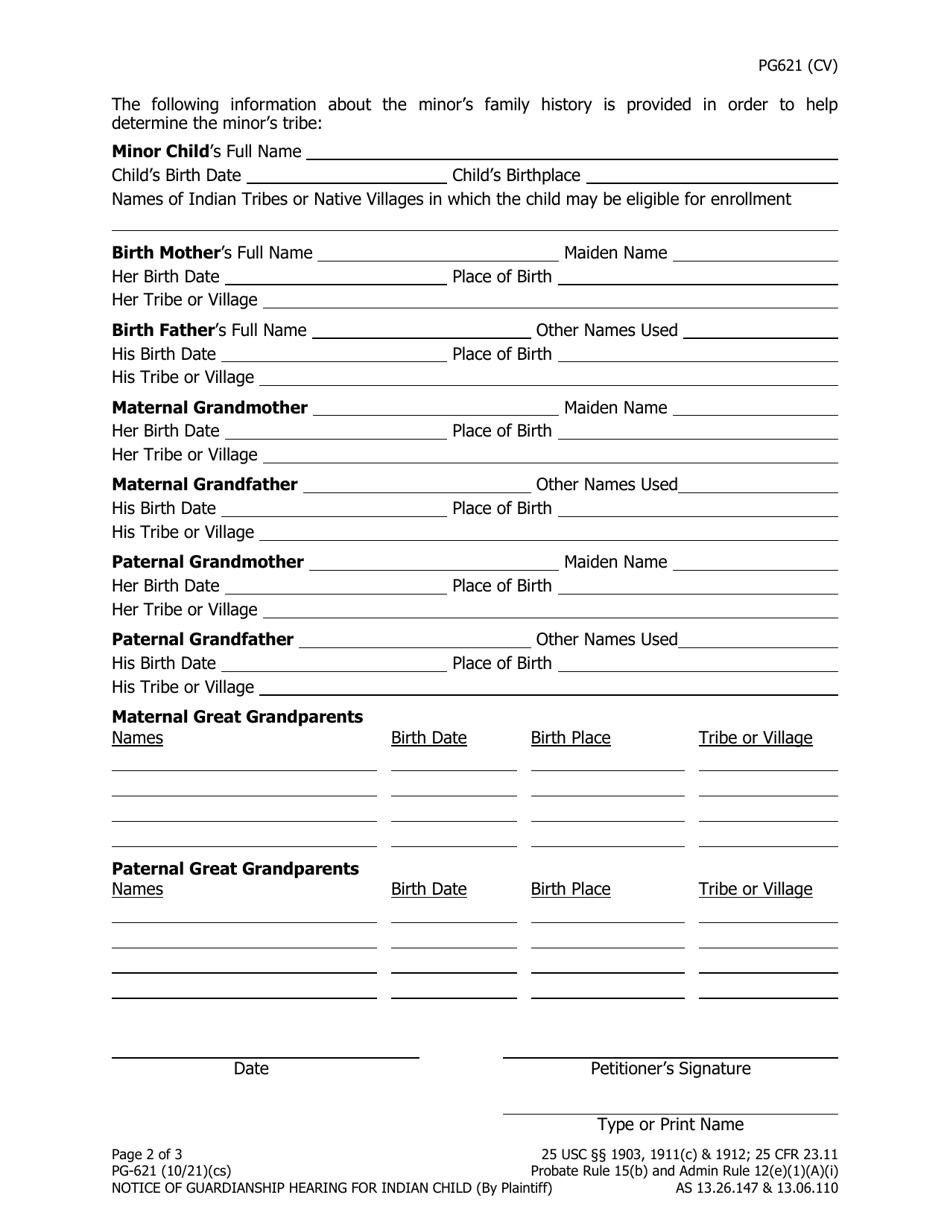 Form PG-621 Notice of Guardianship Hearing for Indian Child (By Petitioner) - Alaska, Page 2