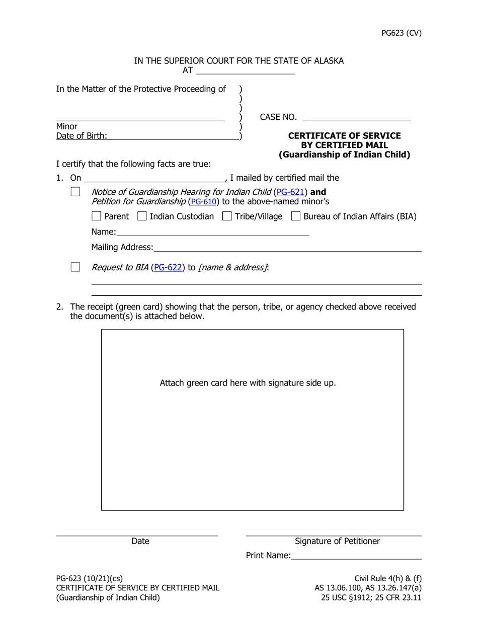 Form PG-623 Certificate of Service by Certified Mail (Guardianship of Indian Child) - Alaska, Page 1