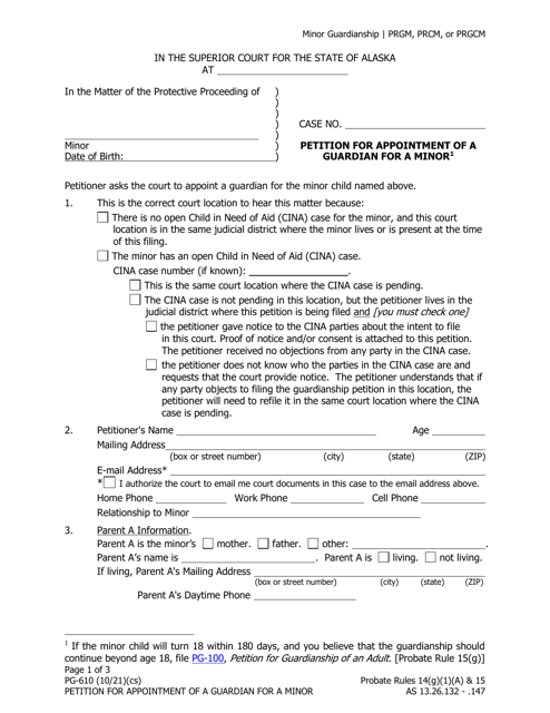 Form PG-610 Petition for Appointment of a Guardian for a Minor - Alaska