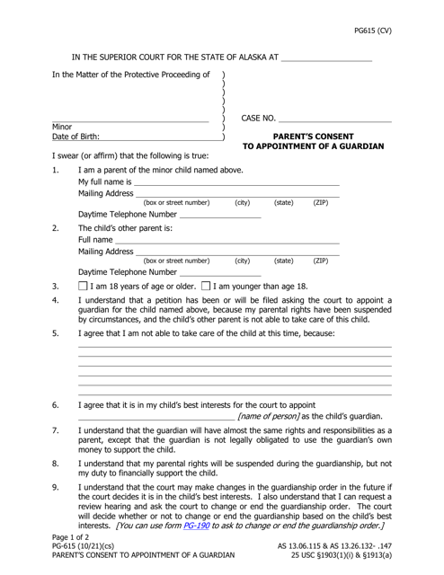 Form PG-615 Parent's Consent to Appointment of a Guardian - Alaska