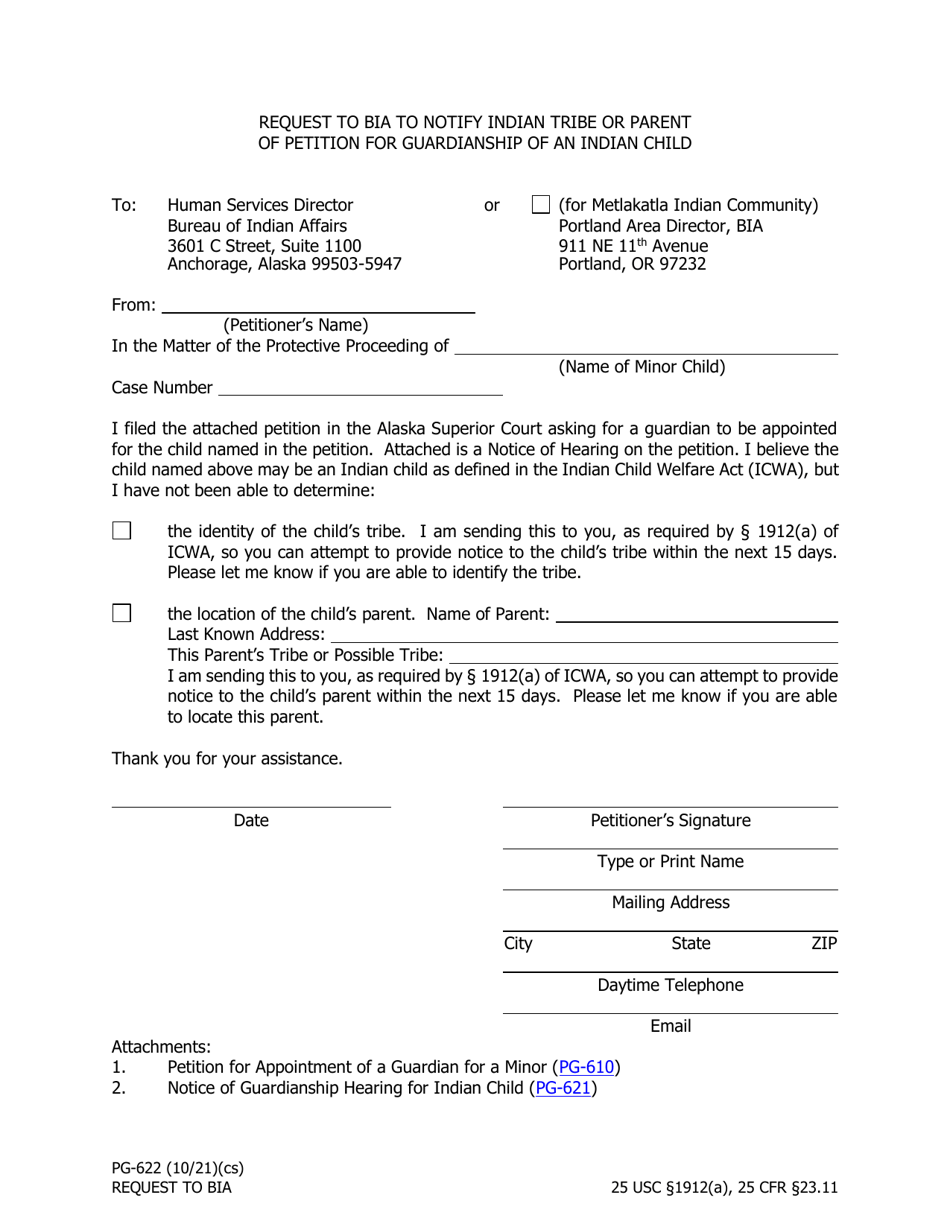 Form PG-622 Request to Bia to Notify Indian Tribe or Parent of Petition for Guardianship of an Indian Child - Alaska, Page 1