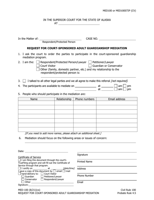 Form MED-100 Request for Court-Sponsored Adult Guardianship Mediation - Alaska