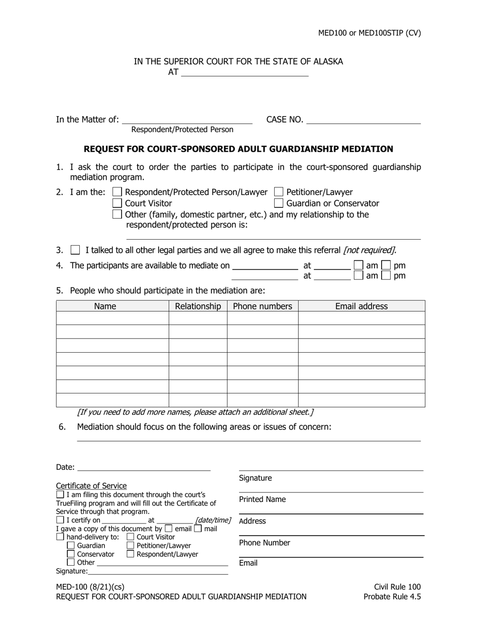 Form MED-100 Request for Court-Sponsored Adult Guardianship Mediation - Alaska, Page 1