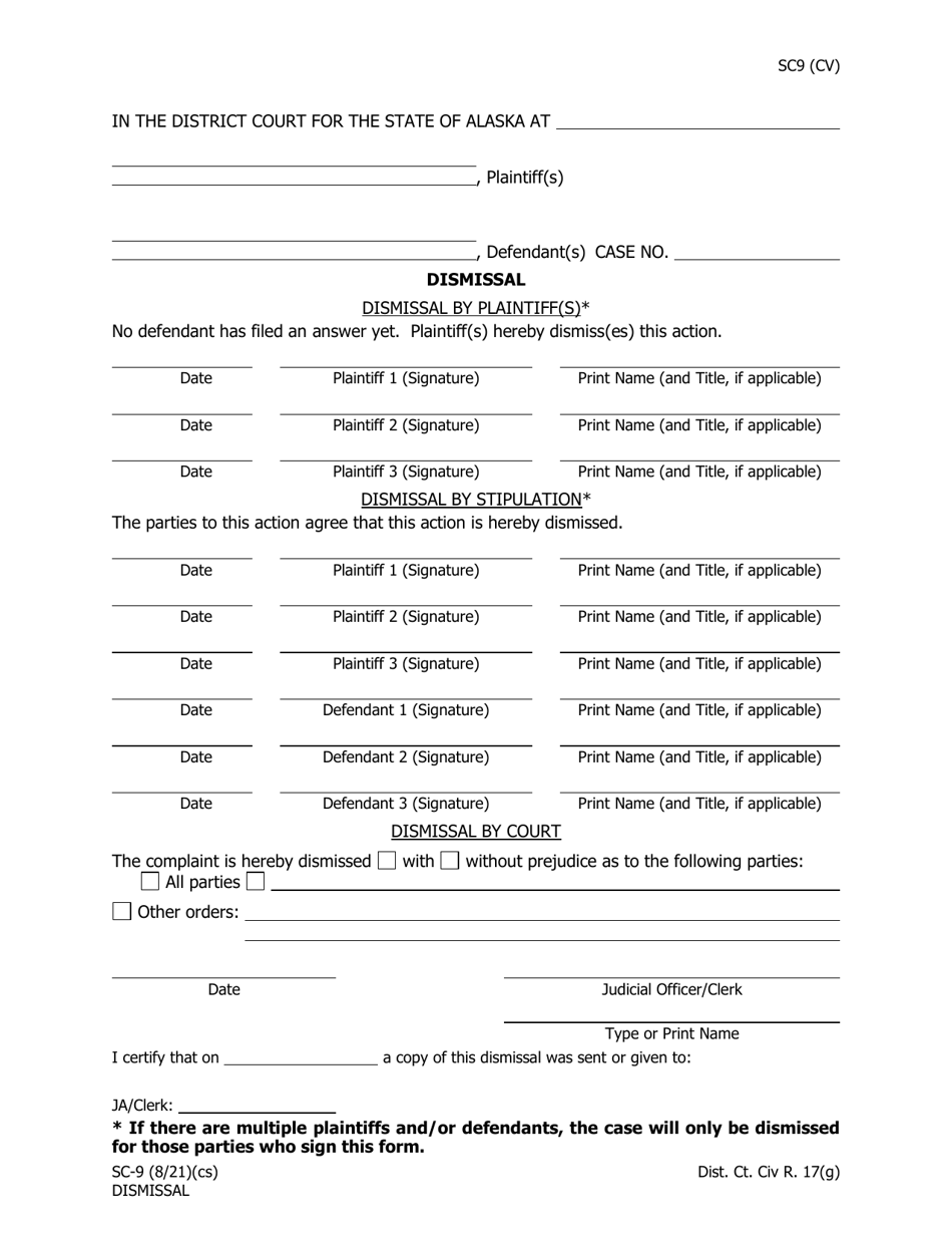 Form SC 9 Download Fillable PDF or Fill Online Dismissal Alaska 2004