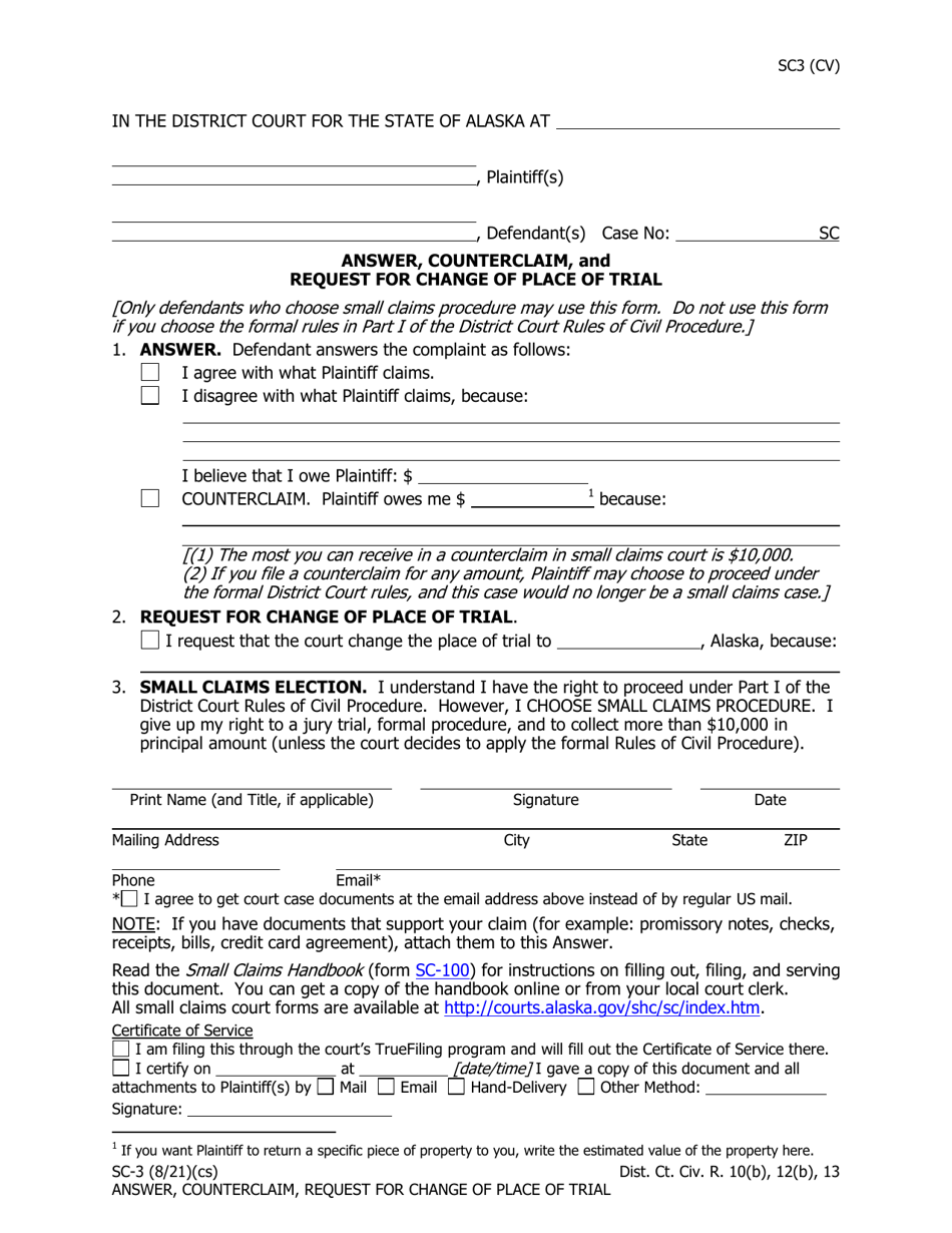 Form SC-3 Answer, Counterclaim, and Request for Change of Place of Trial - Alaska, Page 1