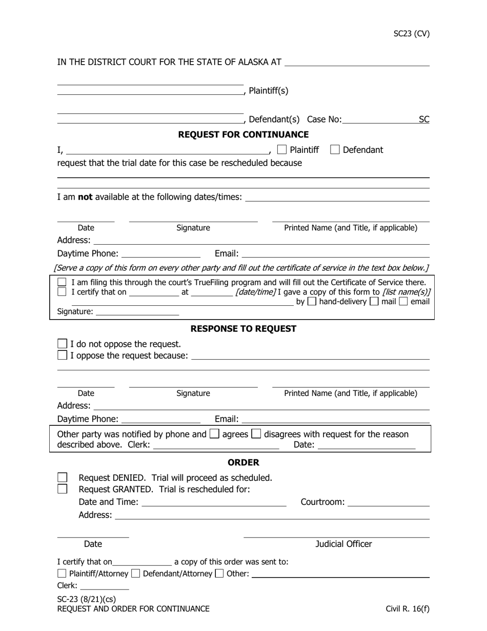 Form Sc 23 Download Fillable Pdf Or Fill Online Request For Continuance Alaska 2021 — 2024 6063