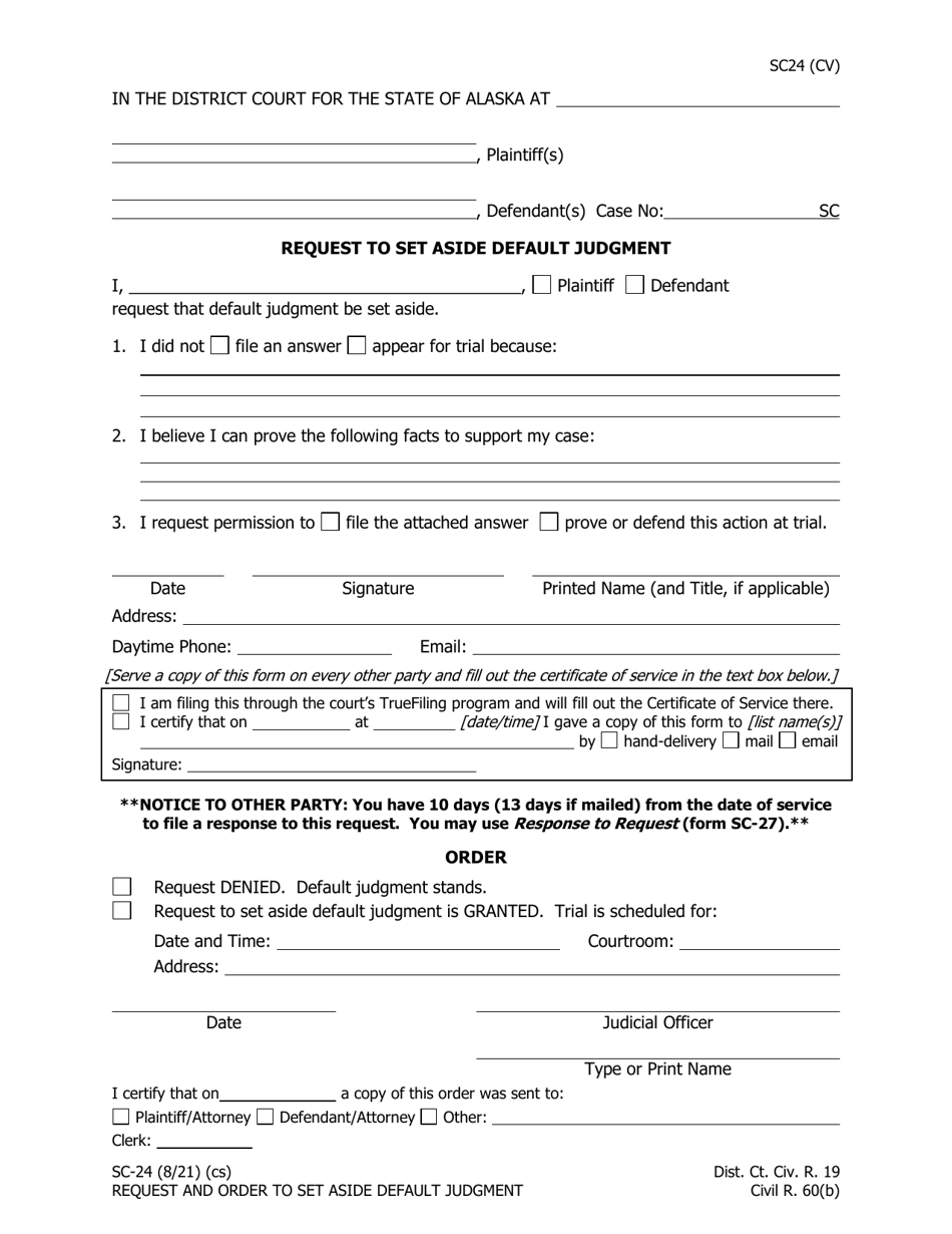 Form SC-24 Request to Set Aside Default Judgment - Alaska, Page 1