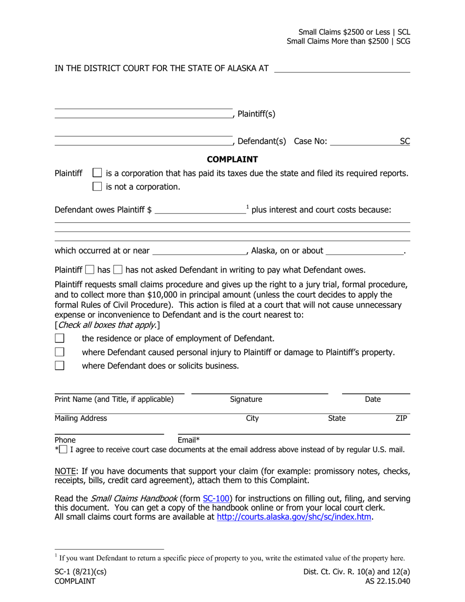 Form SC-1 Complaint - Alaska, Page 1
