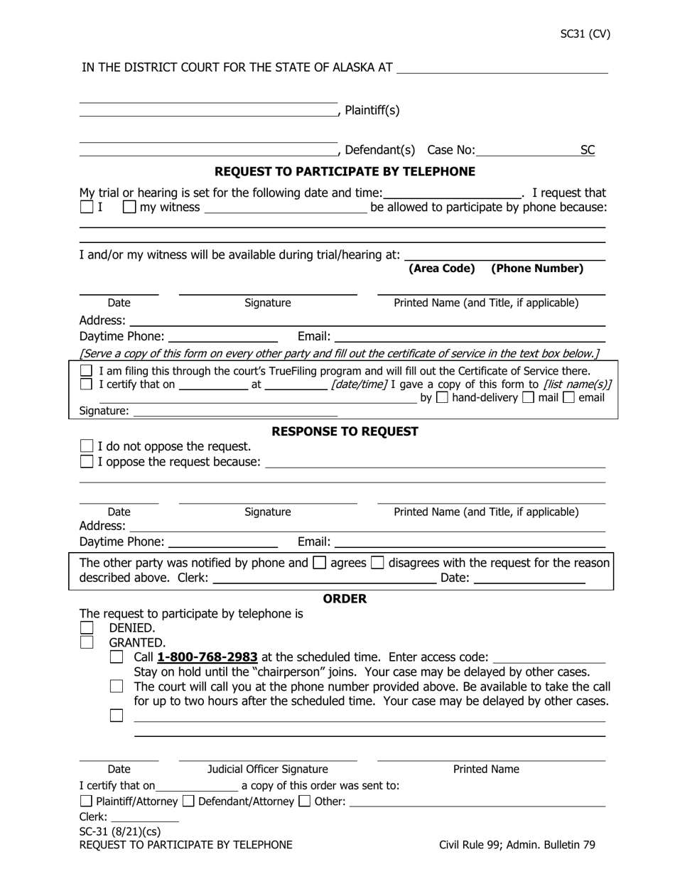Form SC-31 Request to Participate by Telephone - Alaska, Page 1