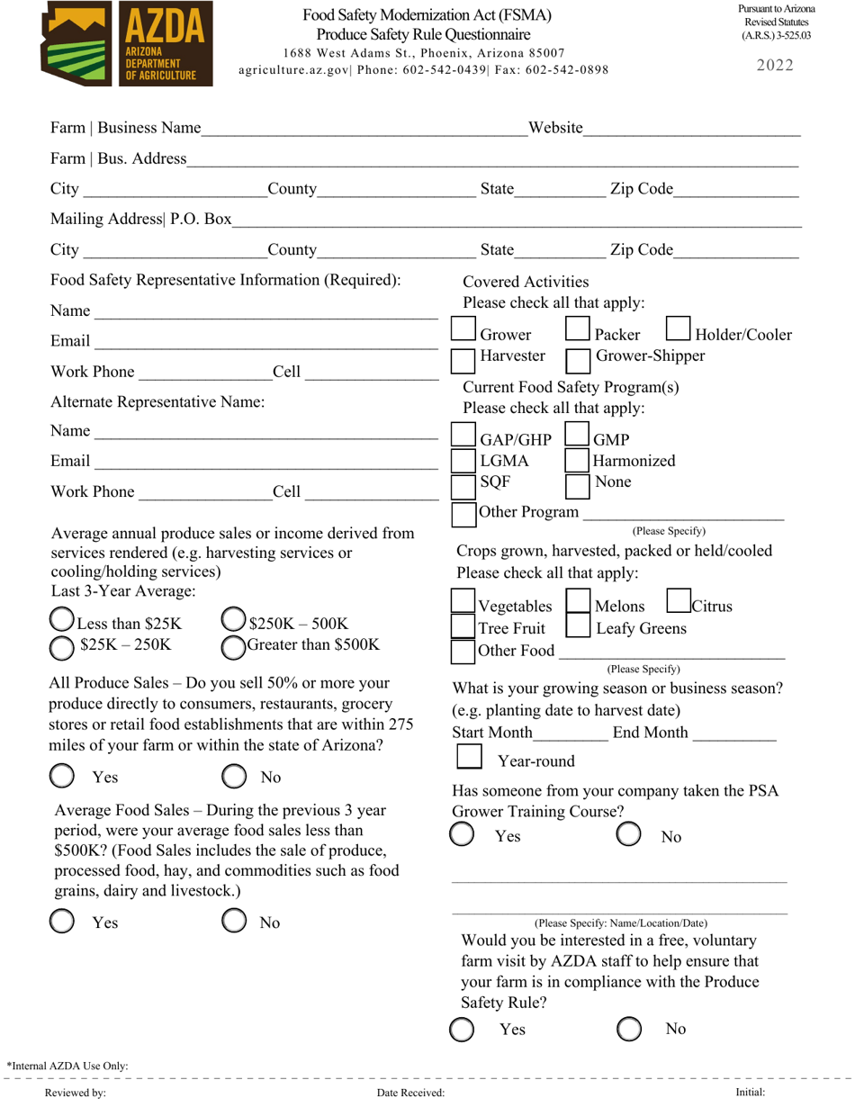 Produce Safety Rule Questionnaire - Arizona, Page 1