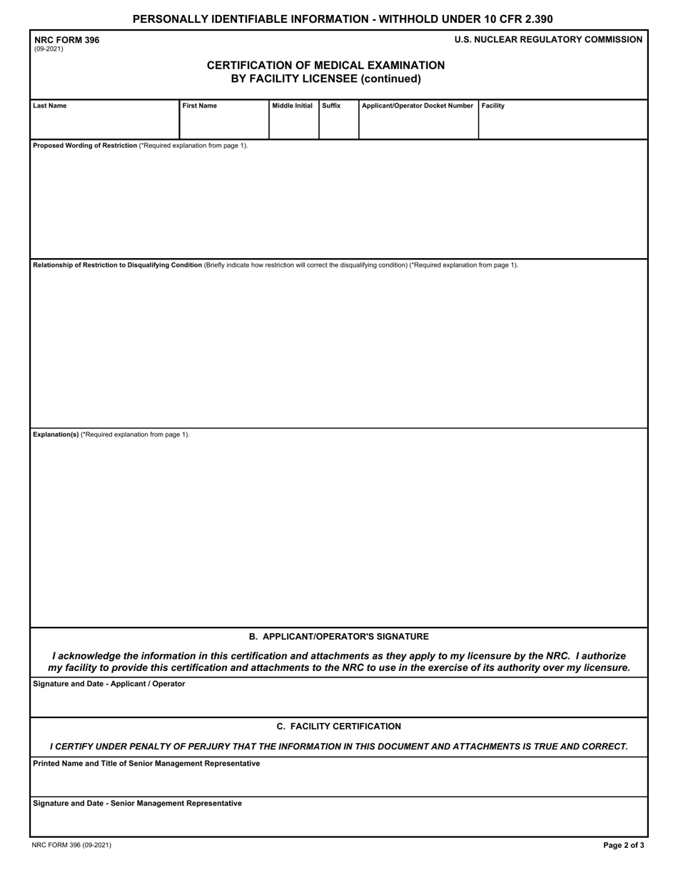 NRC Form 396 Certification of Medical Examination by Facility Licensee, Page 2