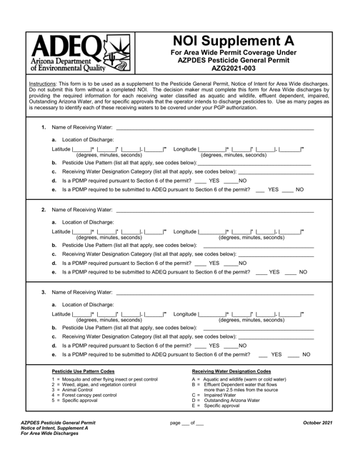 Supplement A Noi Supplement for Area Wide Permit Coverage Under AZPDES Pesticide General Permit Azg2021-003 - Arizona
