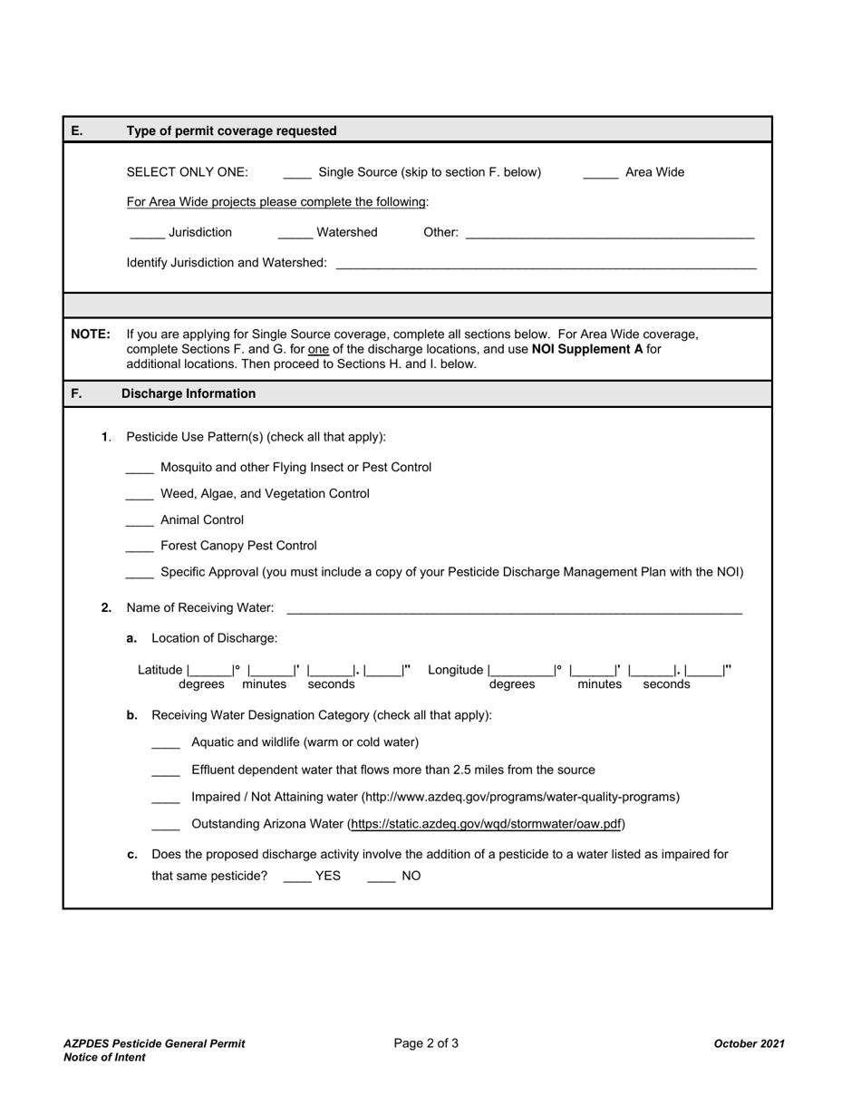 Notice of Intent (Noi) for Pesticide Discharges to Protected Surface Waters Under the AZPDES Pesticide General Permit Azg2021-003 - Arizona, Page 2