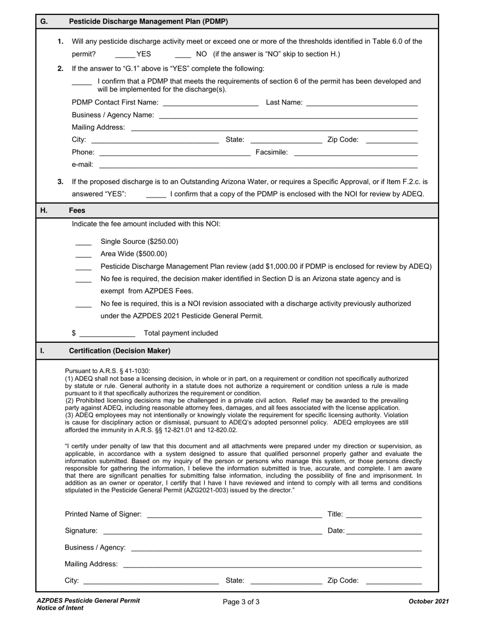 Notice of Intent (Noi) for Pesticide Discharges to Protected Surface Waters Under the AZPDES Pesticide General Permit Azg2021-003 - Arizona, Page 3