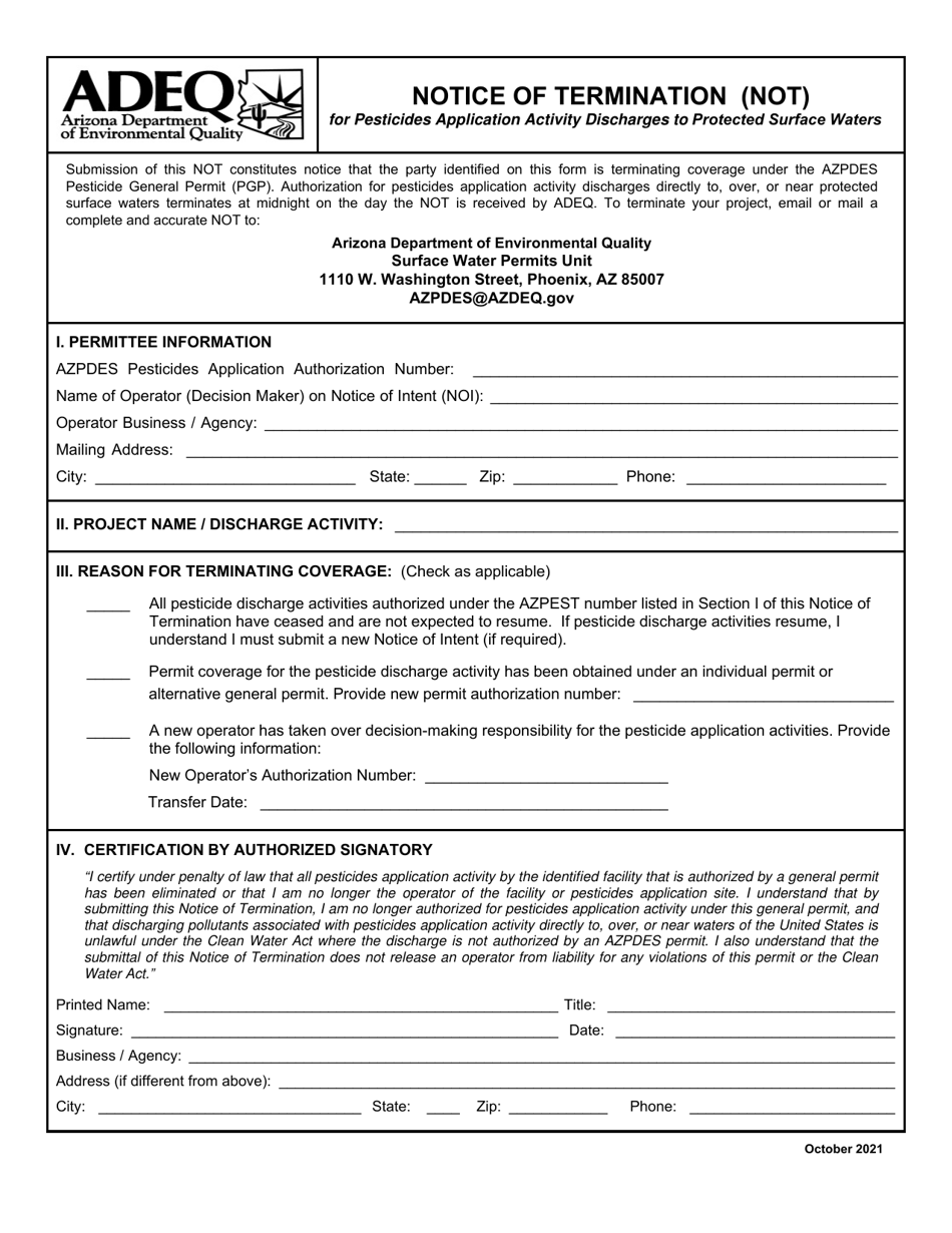Notice of Termination (Not) for Pesticides Application Activity Discharges to Protected Surface Waters - Arizona, Page 1