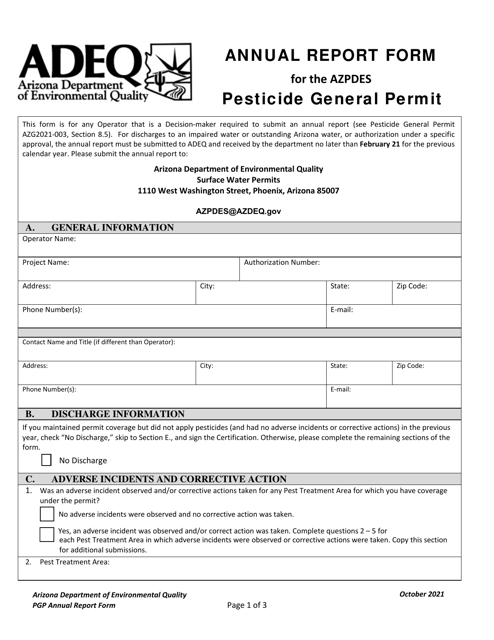 Annual Report Form for the AZPDES Pesticide General Permit - Arizona Download Pdf
