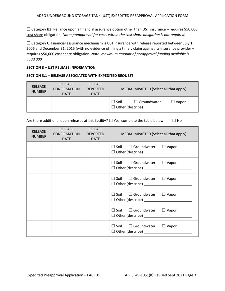 Ust Program Expedited Preapproval Application Under Arizona Revised Statutes (A.r.s.) 49-1051(K) - Arizona, Page 3